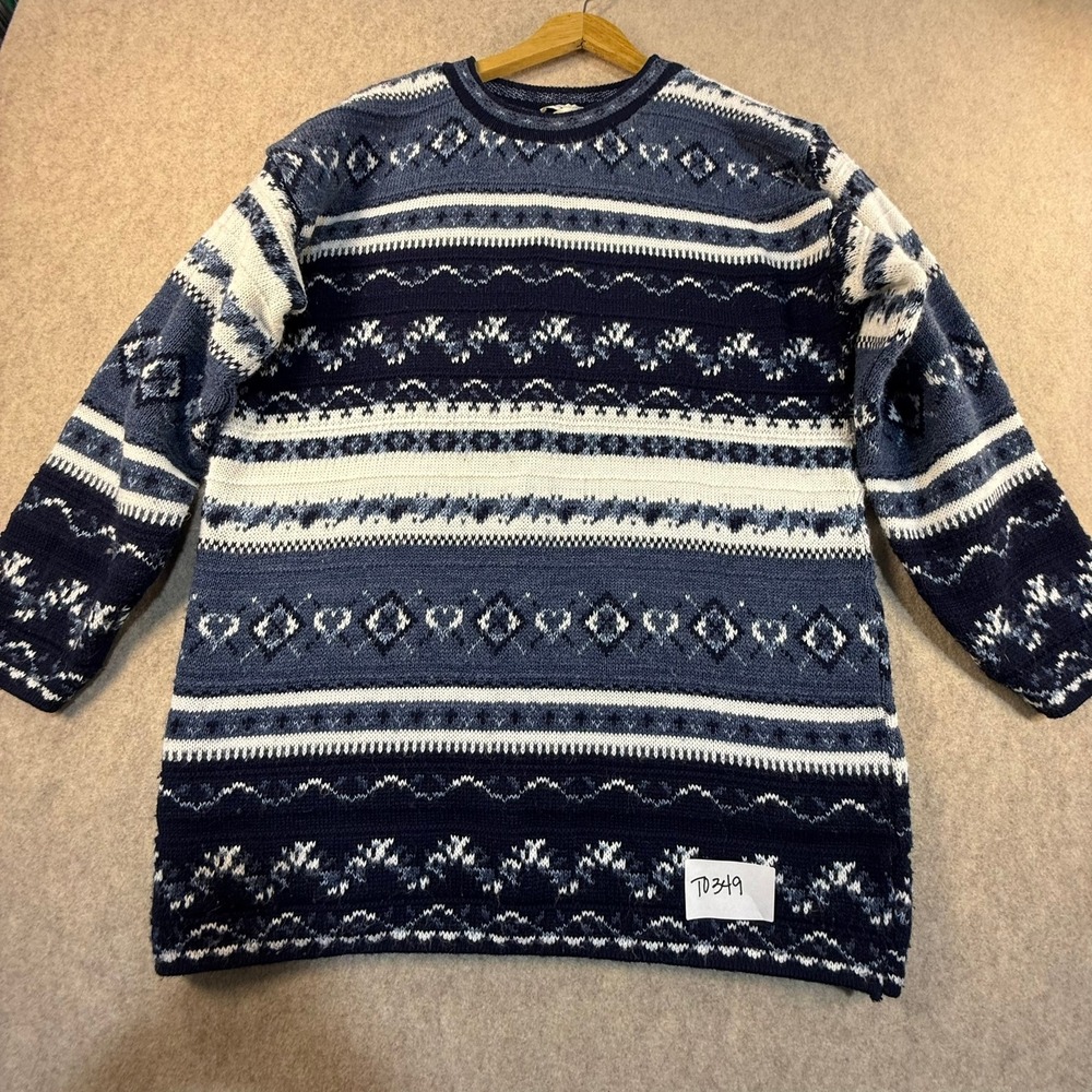 Vintage Spunky Fair Isle‎ Knit Sweater Mens Medium Blue White Geometric Made USA